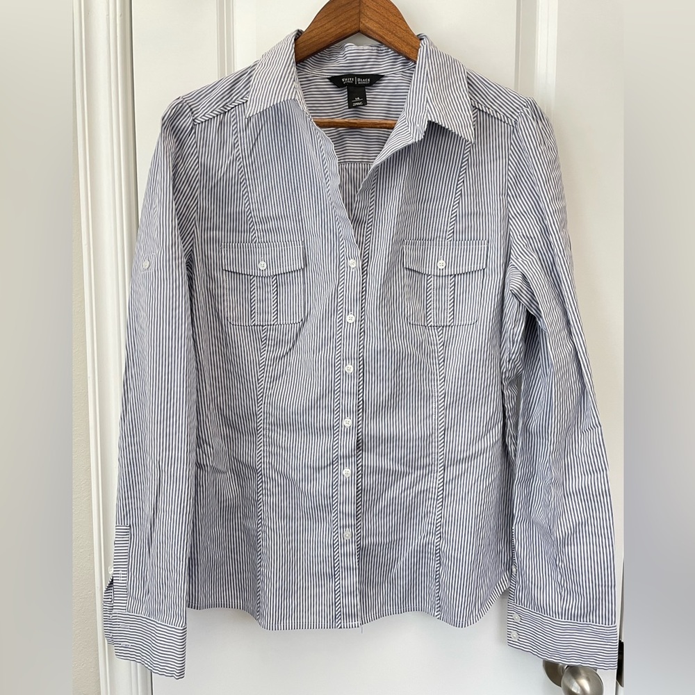 WHITE HOUSE BLACK MARKET navy blue striped button down shirt. Size 14